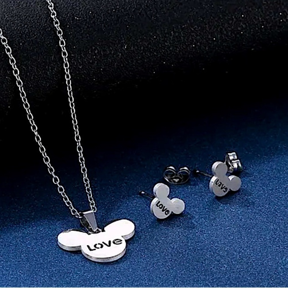 Mickey Mouse Stainless Steel Necklace Earrings Chain Link Charm Matching Set